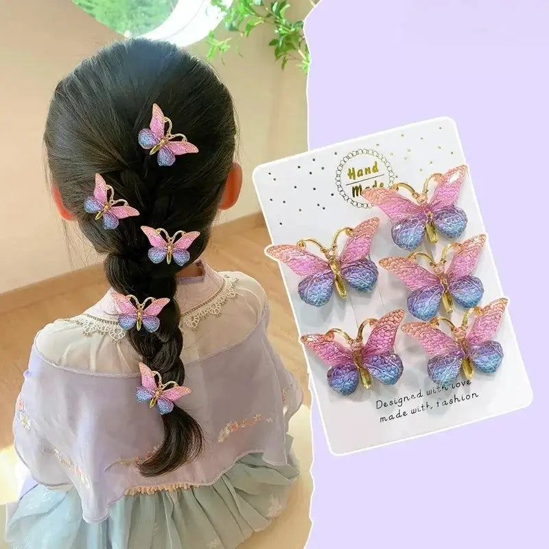 5PCS butterfly hairpins in color gradient, styled in a girl's hair, perfect for kids' accessories and headwear.