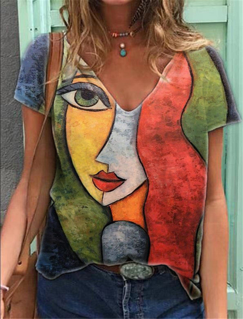 Portrait Printed V-neck Ladies' Short Sleeve T-shirt