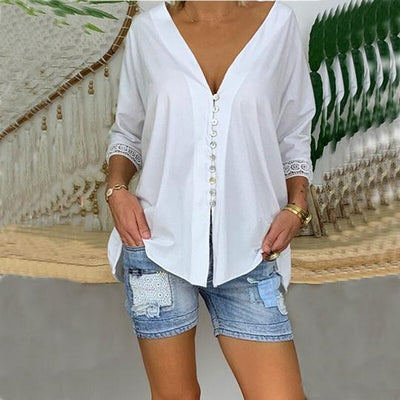 Ladies Lace Shirt V-neck Button Top