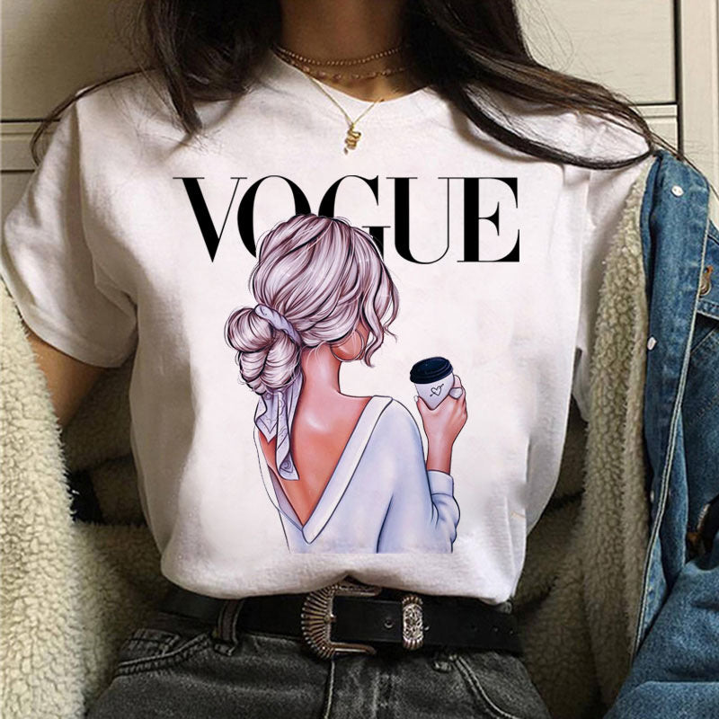 Ladies Summer Fashion Casual Cute Cartoon Print Short Sleeve