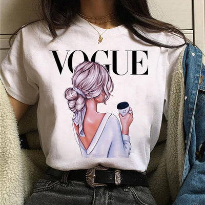 Ladies Summer Fashion Casual Cute Cartoon Print Short Sleeve
