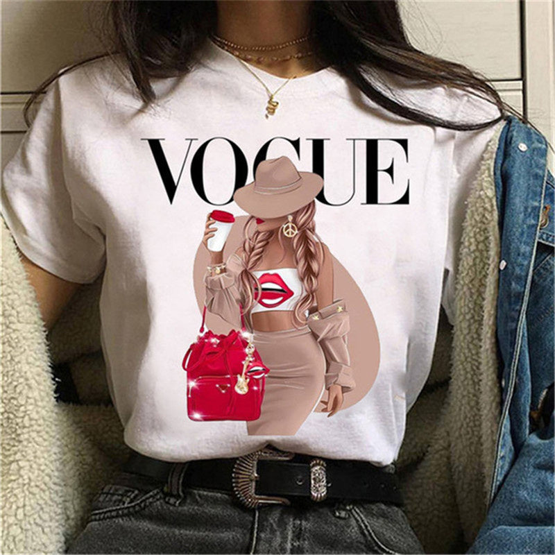 Ladies Summer Fashion Casual Cute Cartoon Print Short Sleeve