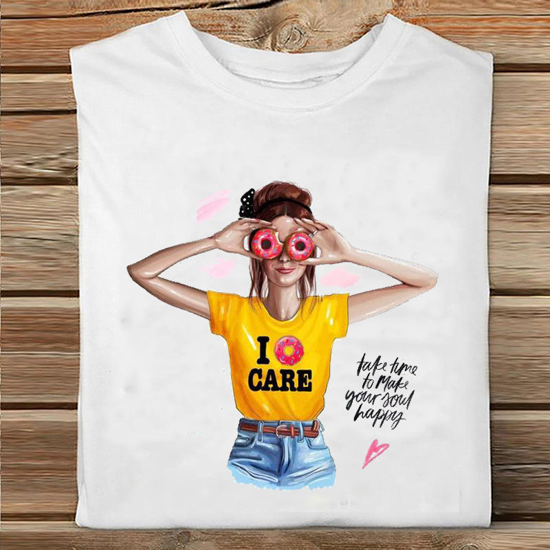 Ladies Summer Fashion Casual Cute Cartoon Print Short Sleeve