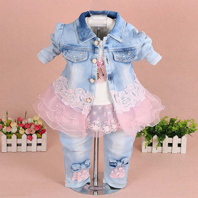 Baby Girls Denim Clothing Sets 3 Pieces Sets T Shirt Denim Jacket and Jeans