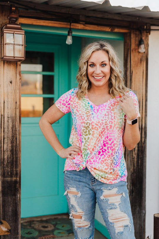 Ladies V-Neck Print Colorful Leopard Top T-Shirt