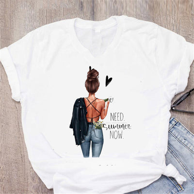 Loose White Ladies Casual Bottoming Short Sleeves