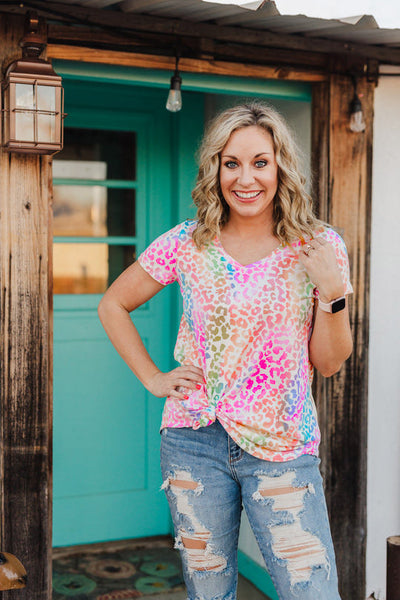 Ladies V-Neck Print Colorful Leopard Top T-Shirt