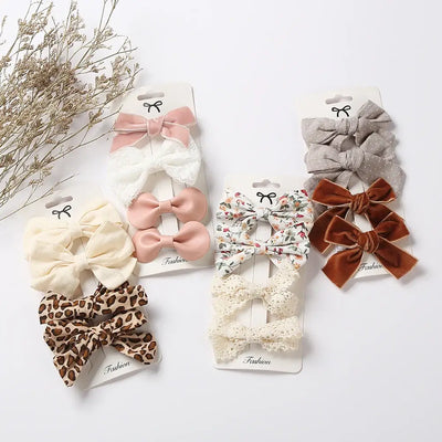 4Pcs/set Leopard Dot Print Bowknot Hair Bow Clips Baby Girls Lace Cotton Linen Barrettes Safety Hairpins Headwear Accessories