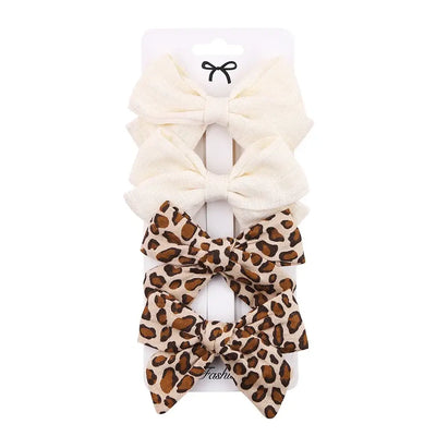 4Pcs/set Leopard Dot Print Bowknot Hair Bow Clips Baby Girls Lace Cotton Linen Barrettes Safety Hairpins Headwear Accessories