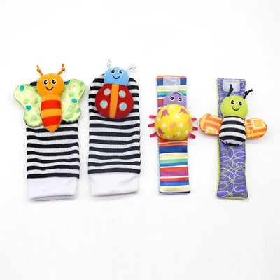 4Pcs Baby Toy 0-12 Months Baby Rattles Toys Animal Socks Wrist Strap +Rattle Baby Foot Socks Bug Wrist Strap Toddler Socks