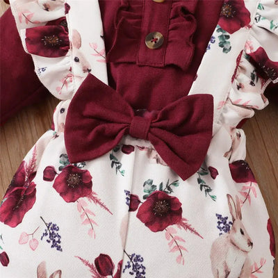 0-24 Months Newborn Baby Girl 3PCS Clothes Set Long Sleeve Romper+Flower Strap Pants+Headband Spring&Autumn Lovely Outfit