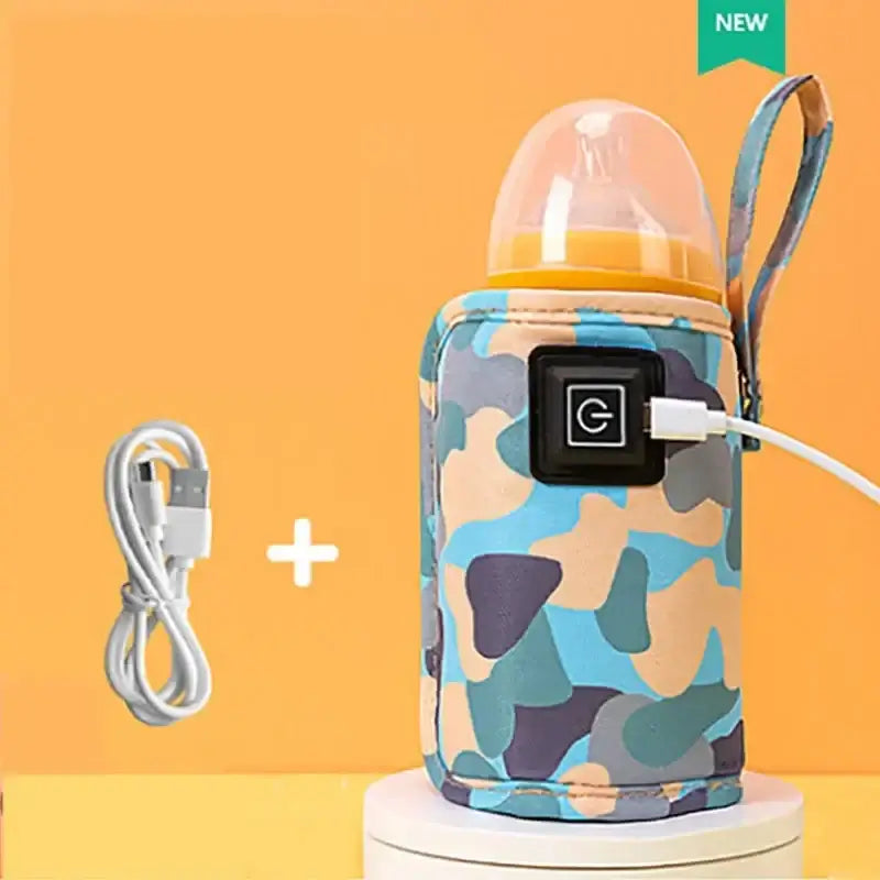 USB milk water warmer with camouflage pattern, portable design, and charging cable, ideal for baby bottles.