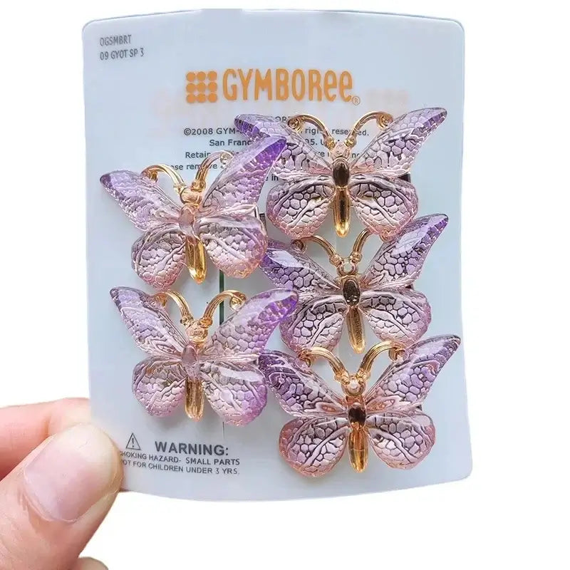 5PCS butterfly hairpins in pink and purple hues on a card, ideal for children's hair accessories.