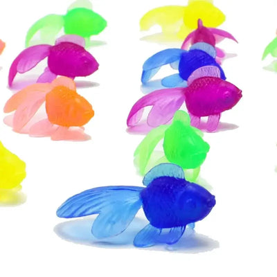 Colorful plastic goldfish toys for kids' bath games, 10-piece set in various vibrant colors.