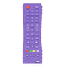 Purple silicone teether toy shaped like a TV remote control, BPA-free and safe for babies.