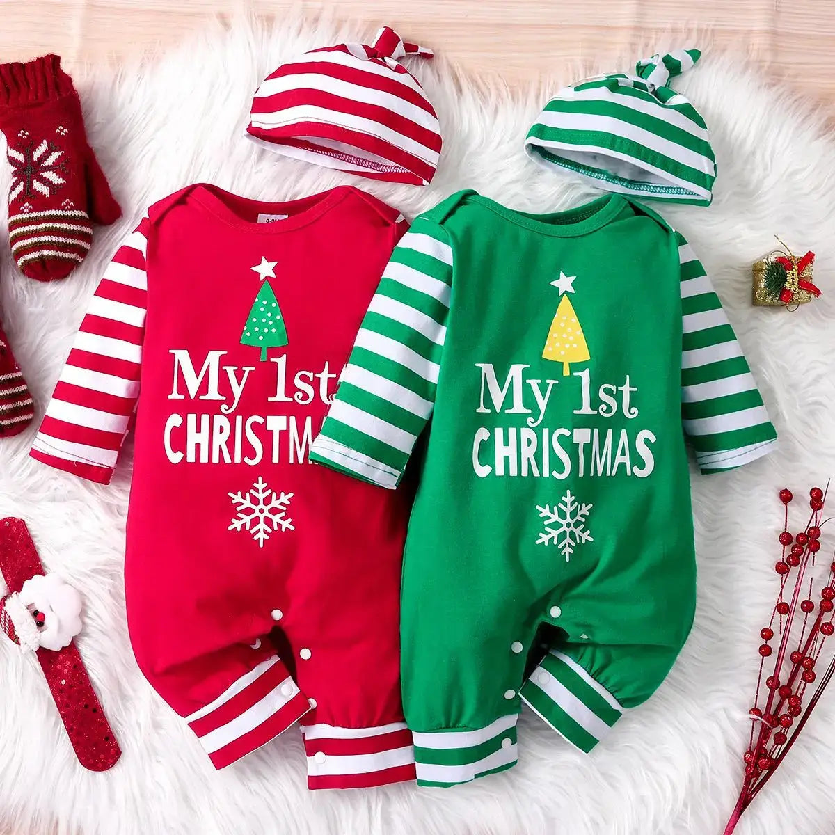 0-18 Months Spring Autumn Baby Boys And Girls Christmas Day Style Monogram Print Panels Striped Long Sleeve Climbing Suit