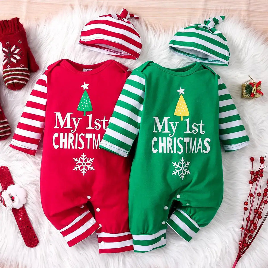 0-18 Months Spring Autumn Baby Boys And Girls Christmas Day Style Monogram Print Panels Striped Long Sleeve Climbing Suit