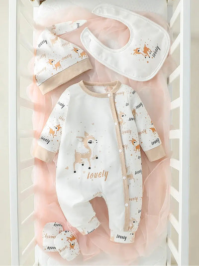 4Pcs Baby Girls Long Sleeve All Seasons Cartoon Deer Open Stitch pastorale Jumpsuit+Bib+Gloves+Hat