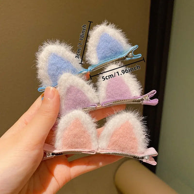 Handmade kawaii rabbit ears hair clips set for baby girls, featuring soft textures and cute colors.