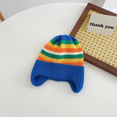 Winter Baby Knit Hat Korean Striped Rainbow Beanie Cap for Toddler Boys Girls Colorful Kids Warm Ear Protection Caps Bonnet