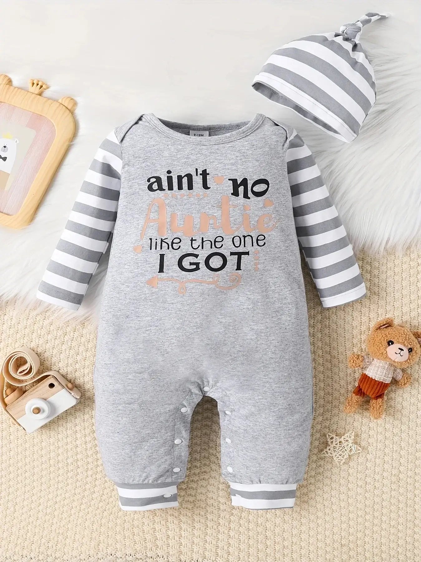 0-18 Months Spring Autumn Baby Boys And Girls Christmas Day Style Monogram Print Panels Striped Long Sleeve Climbing Suit