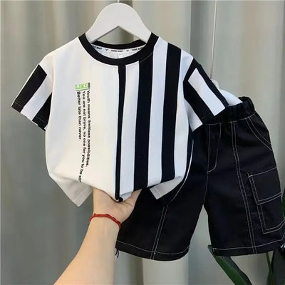 Summer Boy Clothing New Children's Clothes Set Boys Short Sleeve Striped T-Shirt+Shorts 2 Piece Set Kids 1-8T Sportswear Suit