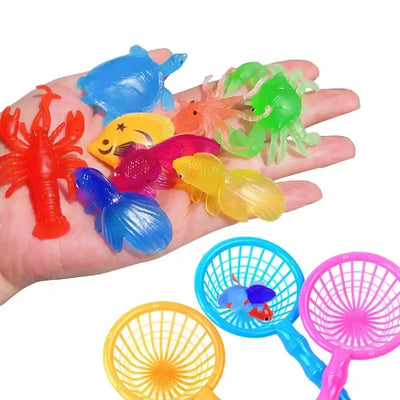 Colorful plastic sea creatures and nets perfect for kids' bath play, featuring a variety of fun and vivid aquatic toys.