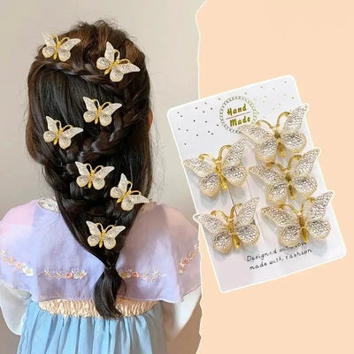 Cute baby hairpins with butterfly design in a girl's braided hair, showcasing stylish accessories for kids' headwear.