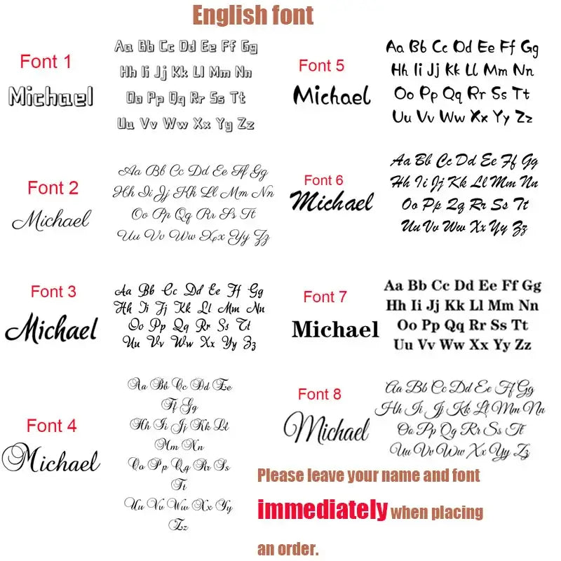 Collection of custom name fonts featuring 'Michael' in various styles with a note to provide name and font during order.