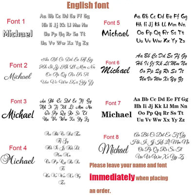 Collection of custom name fonts featuring 'Michael' in various styles with a note to provide name and font during order.