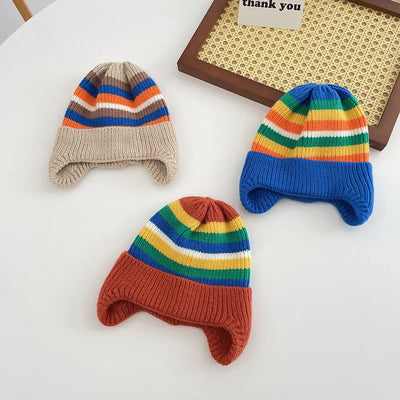 Winter Baby Knit Hat Korean Striped Rainbow Beanie Cap for Toddler Boys Girls Colorful Kids Warm Ear Protection Caps Bonnet