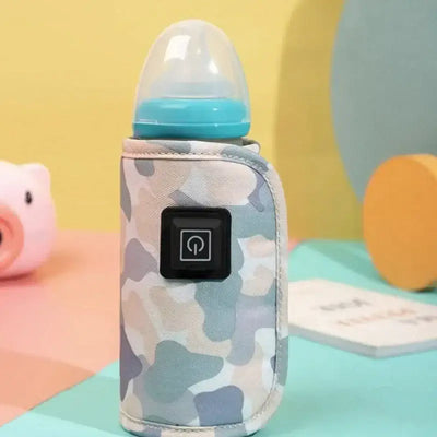 USB milk bottle warmer in a blue camouflage design, perfect for outdoor travel and baby care.