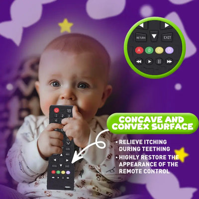 Baby using a silicone remote control teether toy, featuring concave and convex surfaces for teething relief.