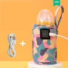 USB milk bottle warmer in colorful camouflage pattern with charging cable for convenient outdoor use.