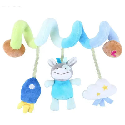 Colorful plush baby mobile toy with spiral design, featuring a smiling animal, rocket, and cloud, perfect for nurseries.