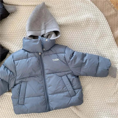 2023New Winter Baby Toddler Boy Korean Style Knitted Patchwork Hooded Jacket Coat Thicken Outdoor Wear 2-7YEARS