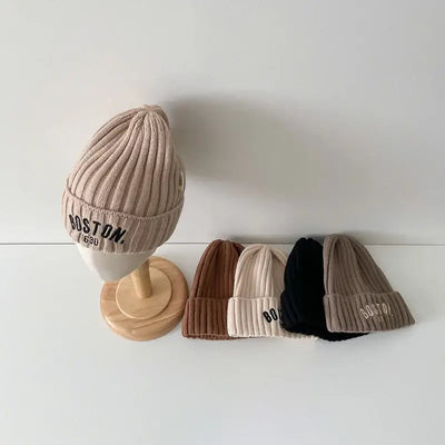 Winter Letter Baby Knit Hat Solid Color Embroidered Warm Toddler Beanie Cap Korean Stripe Kids Girls Boys Crochet Hats Bonnet