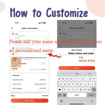 Order confirmation screen for customizing a personalized baby pacifier clip with instructions to add name.