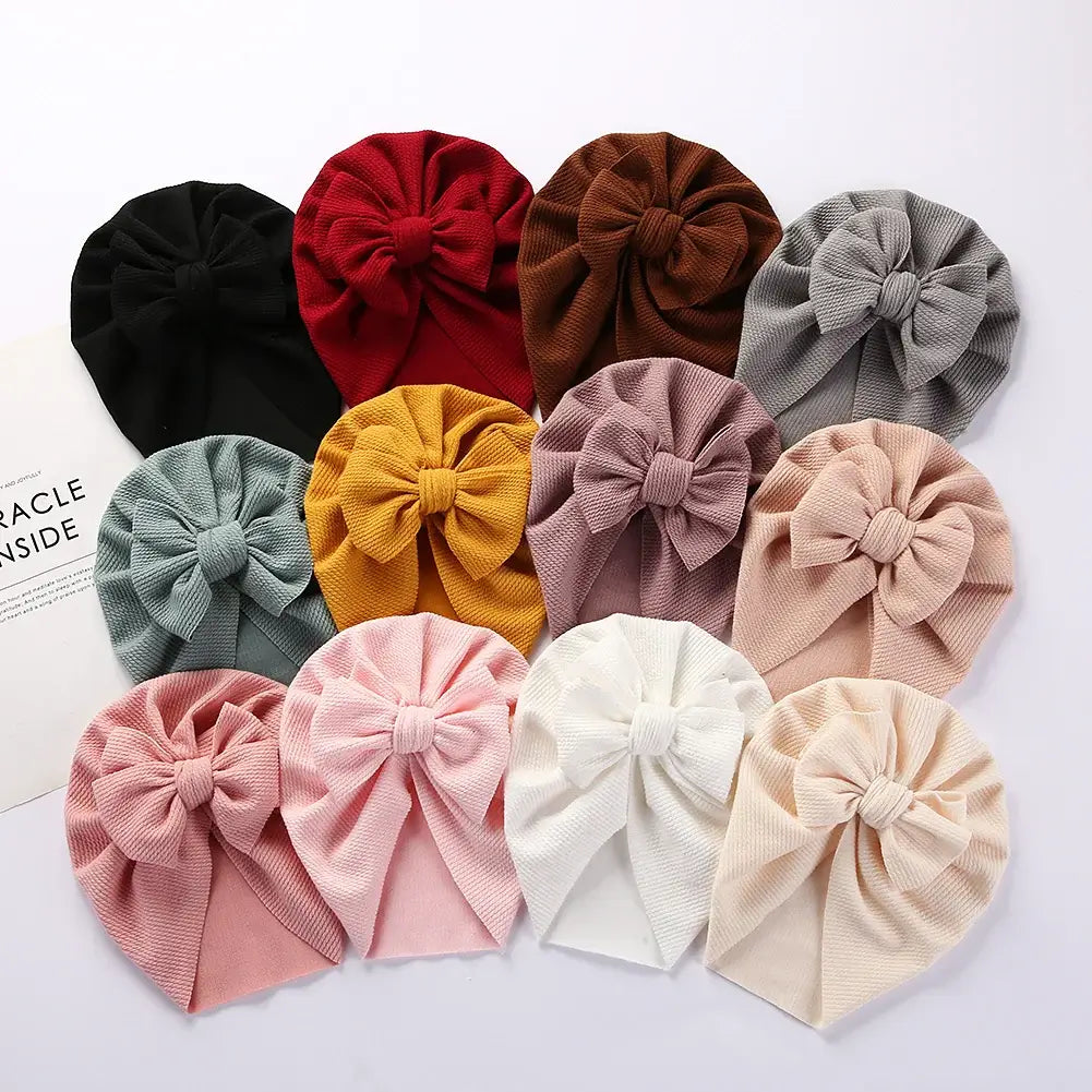 Solid Textured Ribbed Turban Baby Hats Bow Topknot Caps for Newborn Boy Girl Toddler Hospital Headwraps Kids Hair Accessories
