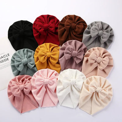 Solid Textured Ribbed Turban Baby Hats Bow Topknot Caps for Newborn Boy Girl Toddler Hospital Headwraps Kids Hair Accessories