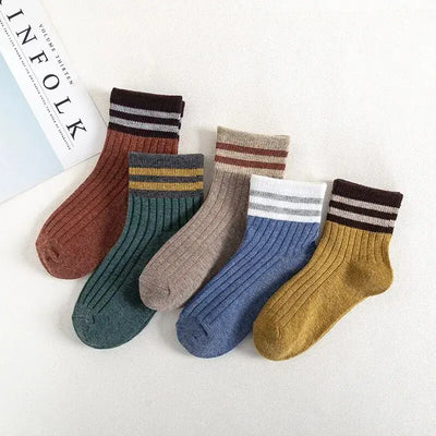 5Pairs/Lot Cartoon Stripe Kids Socks Casual Baby Girls Boys Cotton Spring Autumn Toddler Knitted Children Socks For 1-8Years