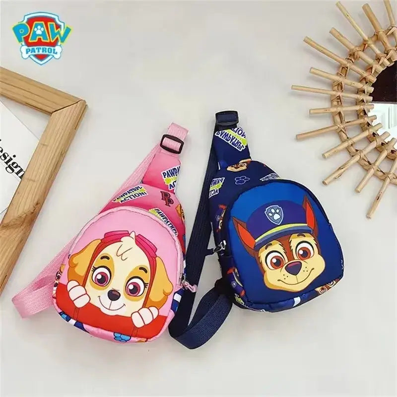 Colorful Paw Patrol mini shoulder bags for kids featuring cartoon characters, perfect for outdoor activities and costume accessories.