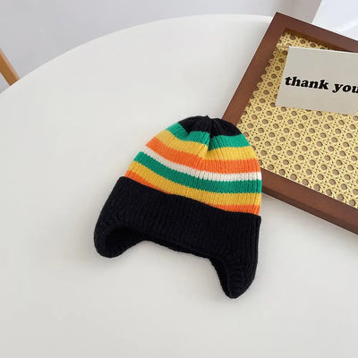 Winter Baby Knit Hat Korean Striped Rainbow Beanie Cap for Toddler Boys Girls Colorful Kids Warm Ear Protection Caps Bonnet