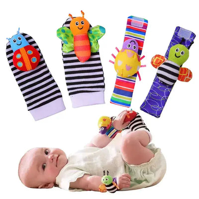 4Pcs Baby Toy 0-12 Months Baby Rattles Toys Animal Socks Wrist Strap +Rattle Baby Foot Socks Bug Wrist Strap Toddler Socks