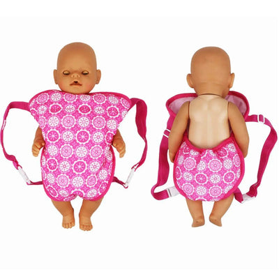 Pink doll carrier backpack for 15-18 inch dolls, featuring floral design and adjustable straps.