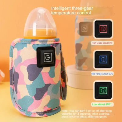 USB milk bottle warmer with three-gear temperature control in a colorful fabric design for outdoor baby nursing.