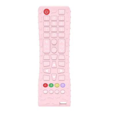 Pink silicone baby teether toy shaped like a remote control, BPA free, designed for safe chewing and sensory play.