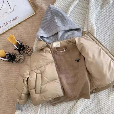 2023New Winter Baby Toddler Boy Korean Style Knitted Patchwork Hooded Jacket Coat Thicken Outdoor Wear 2-7YEARS