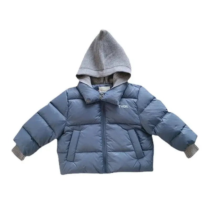 2023New Winter Baby Toddler Boy Korean Style Knitted Patchwork Hooded Jacket Coat Thicken Outdoor Wear 2-7YEARS
