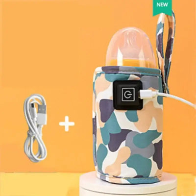 USB milk bottle warmer with portable design and charging cable, perfect for outdoor travel with infants.